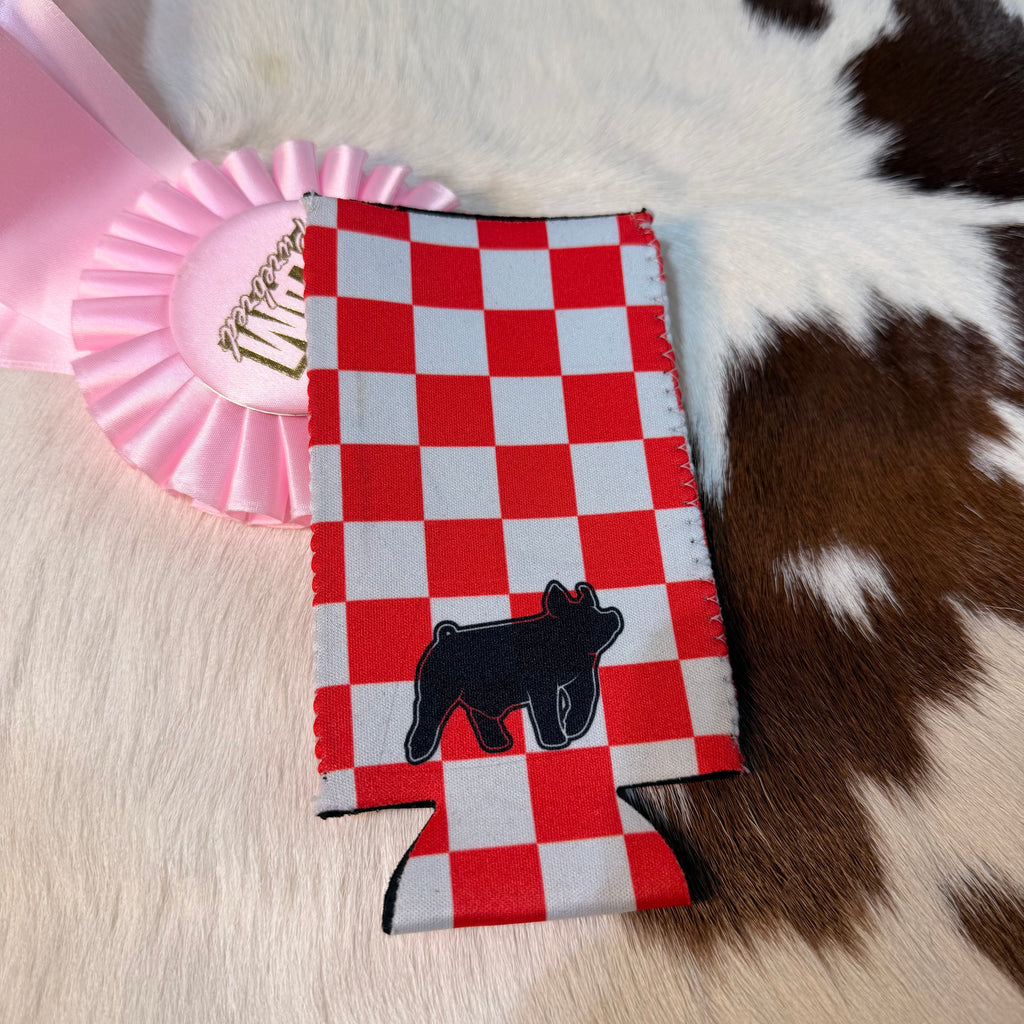 Red Checkered Livestock Slim Koozie