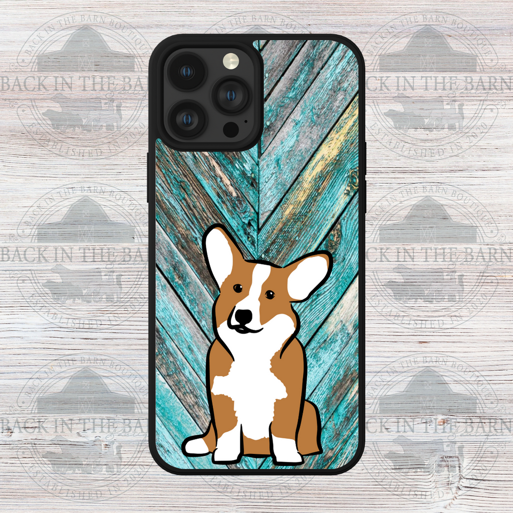 Turquoise Woodgrain Corgi Phone Case