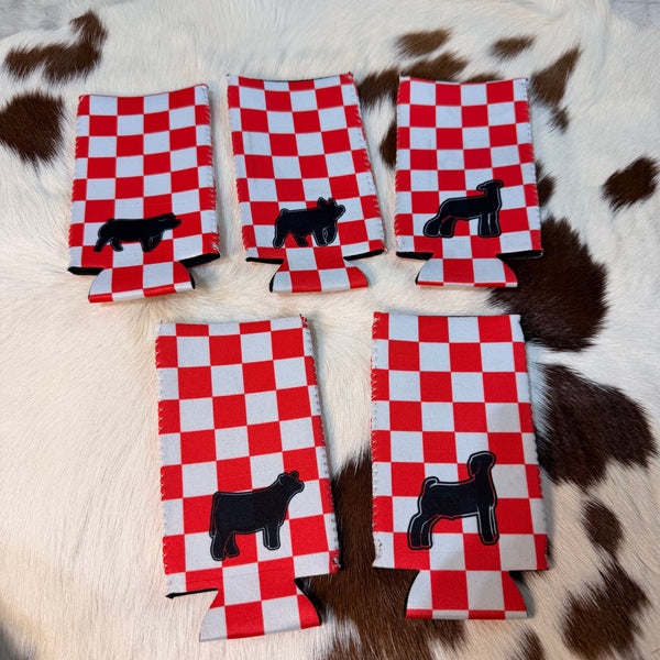 Red Checkered Livestock Slim Koozie
