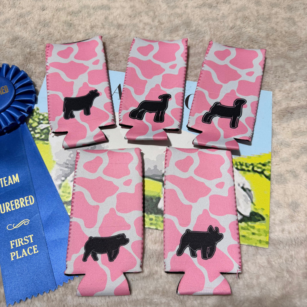 Pink Cow Print Livestock Slim Koozie