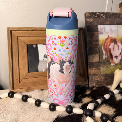 Floral Bow Sip Top Pig PINK Tumbler